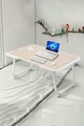 Living and Home Foldable Laptop Bed Desk with Storage Drawer Tablet Slot Cup Holder in Brown - thumbnail 3