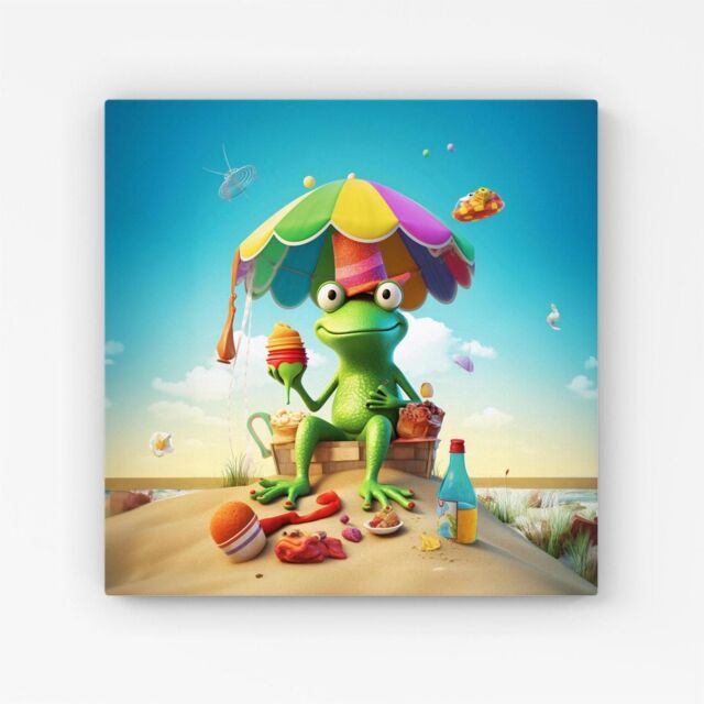 "Warren Reed - Designer Frog On A Beach Holiday Canvas in Yellow - Size: W30"" x H30""" - image 1