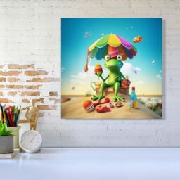 "Warren Reed - Designer Frog On A Beach Holiday Canvas in Yellow - Size: W30"" x H30""" - thumbnail 2
