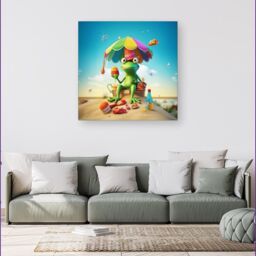 "Warren Reed - Designer Frog On A Beach Holiday Canvas in Yellow - Size: W30"" x H30""" - thumbnail 4
