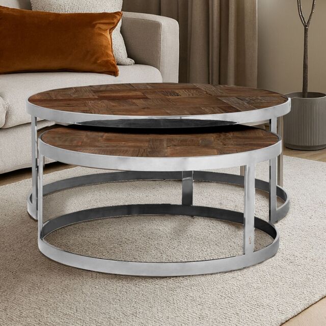 Orsina Silver Finish Nest Of 2 Round Tables, Wooden Side Tables, Metallic Bedside Table, Decorative Table For Hallway in Brown - image 1
