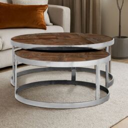 Orsina Silver Finish Nest Of 2 Round Tables, Wooden Side Tables, Metallic Bedside Table, Decorative Table For Hallway in Brown