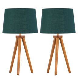 First Choice Lighting Set of 2 Dark Oak Table Lamp or Bedside Lights with Green Gold Shades in Brown