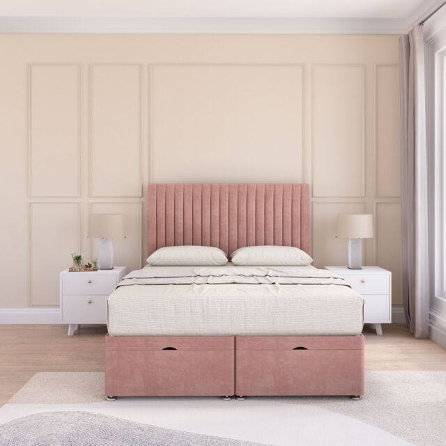 Sloomy Manhattan Plush Fabric Ottoman Bed End Opening With Sprung Memory Mattress & 54 Inch Floorstanding Headboard in Pink - Size: Super King - image 1