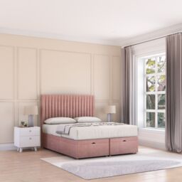 Sloomy Manhattan Plush Fabric Ottoman Bed End Opening With Sprung Memory Mattress & 54 Inch Floorstanding Headboard in Pink - Size: Super King - thumbnail 3