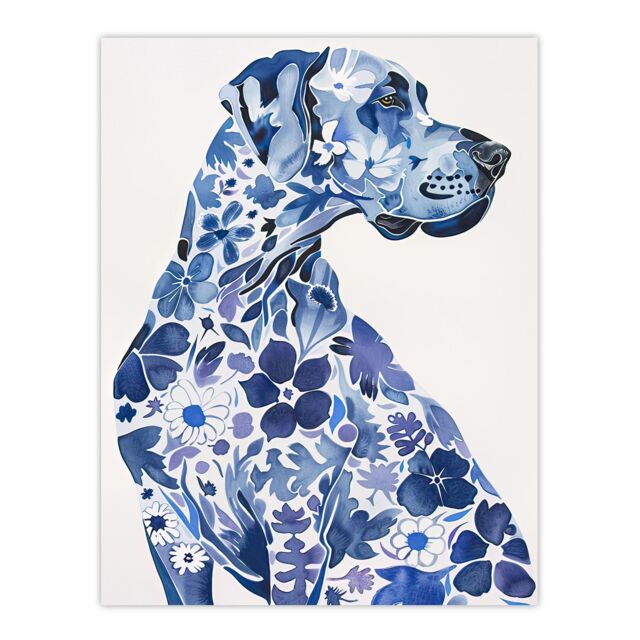 "Artery8 Floral Great Dane Blue Dog Lover Pet Portrait Wall Art Print - Size: W18"" x H24""" - image 1
