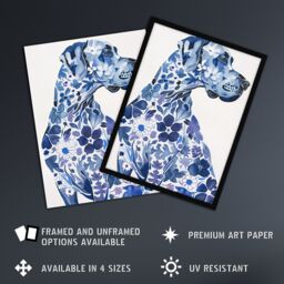 "Artery8 Floral Great Dane Blue Dog Lover Pet Portrait Wall Art Print - Size: W18"" x H24""" - thumbnail 2