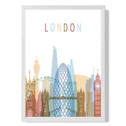 ARTZE London Colourful City Skyline Framed Print SIZE: A4 with White Frame in Pale Blue - thumbnail 1