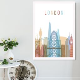 ARTZE London Colourful City Skyline Framed Print SIZE: A4 with White Frame in Pale Blue - thumbnail 2
