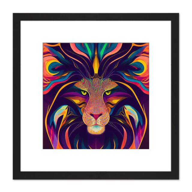 Artery8 Colourful Multicoloured New Age Folk Style Lion Face Mane Portrait Illustration Square Wooden Framed Wall Art Print Picture 8X8 Inch in Black - image 1