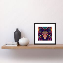 Artery8 Colourful Multicoloured New Age Folk Style Lion Face Mane Portrait Illustration Square Wooden Framed Wall Art Print Picture 8X8 Inch in Black - thumbnail 2
