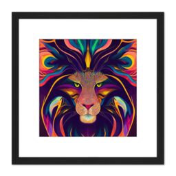 Artery8 Colourful Multicoloured New Age Folk Style Lion Face Mane Portrait Illustration Square Wooden Framed Wall Art Print Picture 8X8 Inch in Black - thumbnail 1