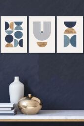 ARTZE Mid Century Geometric in Blue & Gold Framed Wall Art - Medium in White - Size: W45 cm x H62 cm x D20mm