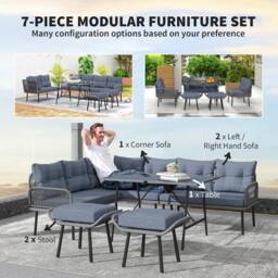 OUTSUNNY Sectional Outdoor Furniture with Glass Top Table in Dark Grey - thumbnail 4