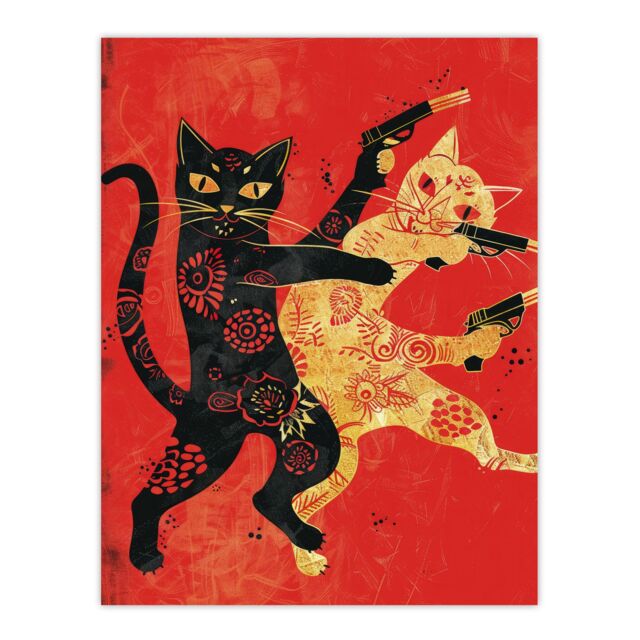 "Artery8 Wall Art Print Cat Fight Fun Lover Red Black Japanese Style Poster - Size: W24"" x H32""" - image 1