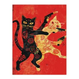 "Artery8 Wall Art Print Cat Fight Fun Lover Red Black Japanese Style Poster - Size: W24"" x H32""" - thumbnail 1