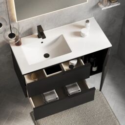 Banyetti Celtic Duo 1000mm Wall Hung Vanity Unit with Door & Basin - Matt Black - thumbnail 4