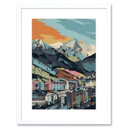 "Artery8 Wall Art Print Cityscape Under Rocky Mountain Range Modern Artwork Framed 9X7 Inch in White - Size: W7"" x H9""" - thumbnail 1