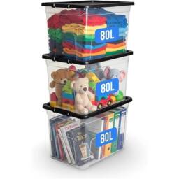 Nordara 3 Pack 80L Clear Plastic Storage Boxes with Black Lids - thumbnail 1