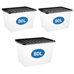 Nordara 3 Pack 80L Clear Plastic Storage Boxes with Black Lids - thumbnail 4