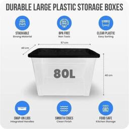 Nordara 3 Pack 80L Clear Plastic Storage Boxes with Black Lids - thumbnail 2