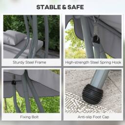 OUTSUNNY 2-in-1 Garden Swing Chair for 3 Person w/ 2 Pillows, Light Grey - thumbnail 6