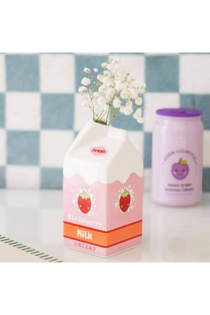 KDMD Strawberry Milk Carton Flower Vase - Kawaii Ceramic Decor in Pink - image 1