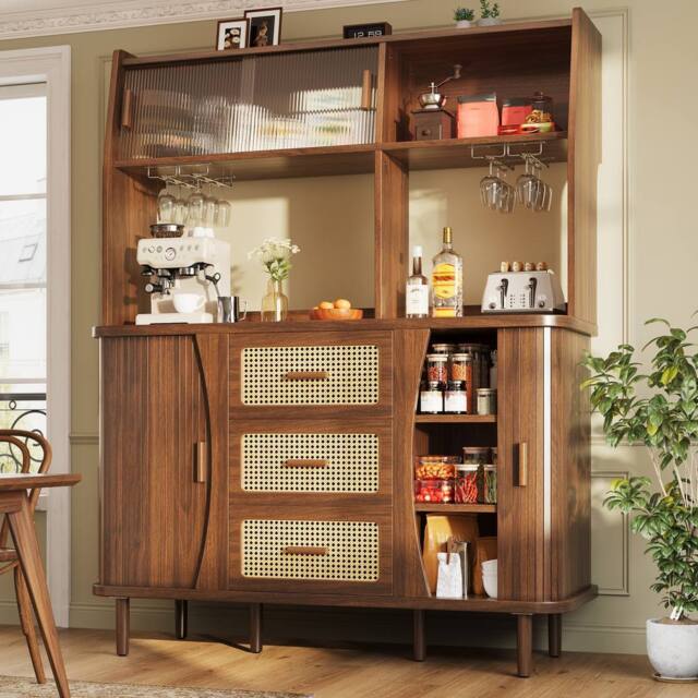 BTM Rattan Sideboard Glass Doors Tall Kitchen Cabinet Storage in Walnut - image 1