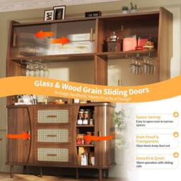 BTM Rattan Sideboard Glass Doors Tall Kitchen Cabinet Storage in Walnut - thumbnail 6