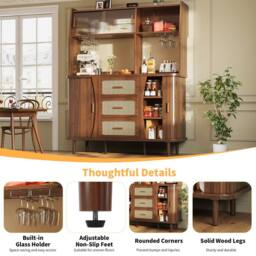 BTM Rattan Sideboard Glass Doors Tall Kitchen Cabinet Storage in Walnut - thumbnail 8