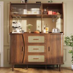 BTM Rattan Sideboard Glass Doors Tall Kitchen Cabinet Storage in Walnut - thumbnail 3