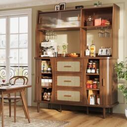 BTM Rattan Sideboard Glass Doors Tall Kitchen Cabinet Storage in Walnut - thumbnail 2