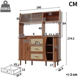 BTM Rattan Sideboard Glass Doors Tall Kitchen Cabinet Storage in Walnut - thumbnail 5