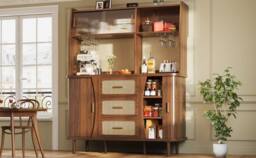 BTM Rattan Sideboard Glass Doors Tall Kitchen Cabinet Storage in Walnut - thumbnail 4