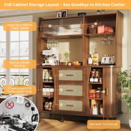 BTM Rattan Sideboard Glass Doors Tall Kitchen Cabinet Storage in Walnut - thumbnail 7
