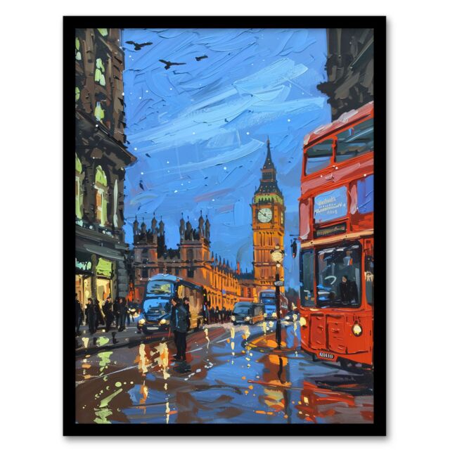 "Artery8 Big Ben London on a Rainy Day Painting Iconic Framed Art Print in Blue - Size: W12"" x H16""" - image 1