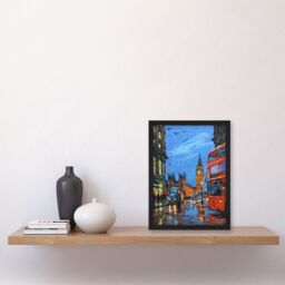 "Artery8 Big Ben London on a Rainy Day Painting Iconic Framed Art Print in Blue - Size: W12"" x H16""" - thumbnail 4