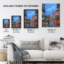 "Artery8 Big Ben London on a Rainy Day Painting Iconic Framed Art Print in Blue - Size: W12"" x H16""" - thumbnail 3