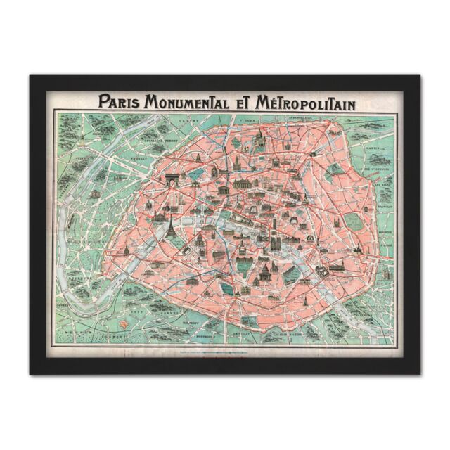 "Artery8 Wall Art Print Robelin Paris Monument Map French Large Framed Wall Décor Art in Black - Size: W18"" x H24""" - image 1