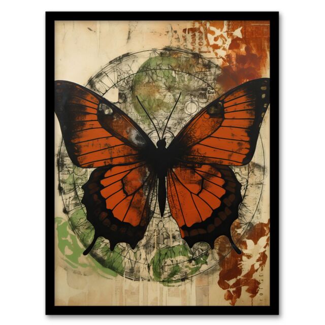 Artery8 Vintage Monarch Butterfly Botanical Earthy Grunge Aesthetic Artwork Framed Wall Art Print A4 in Black - image 1