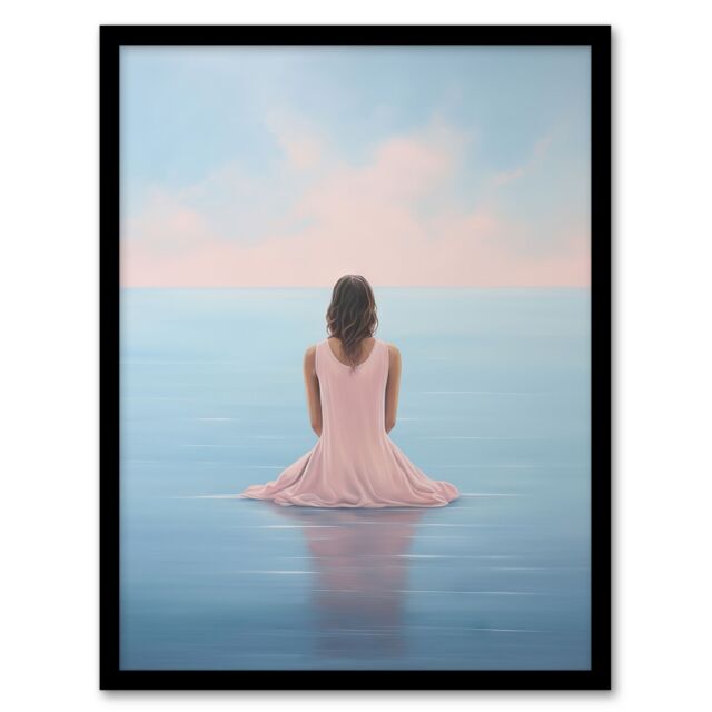 Artery8 Wall Art Print Mindfulness Meditation Sea View Minimalist Serenity Art Framed in Blue - Size: A4 - image 1