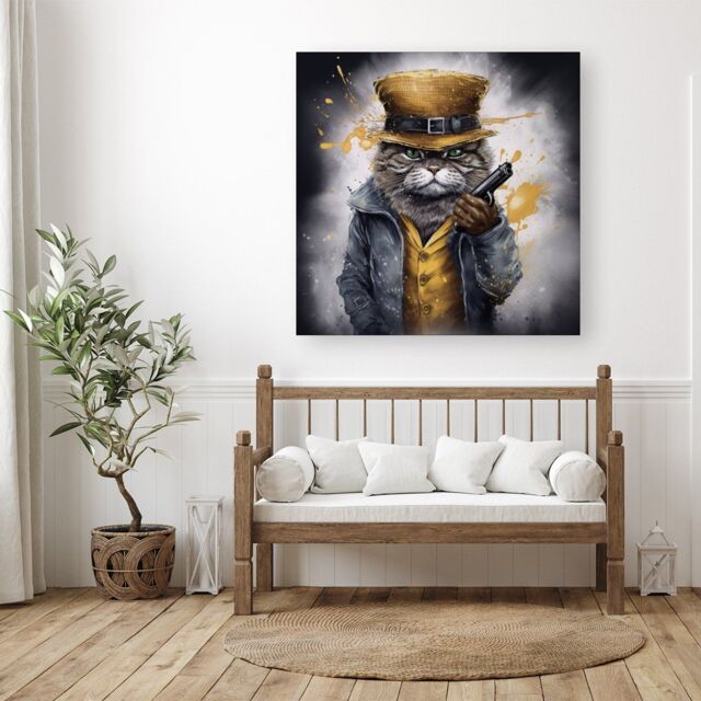 "Warren Reed - Designer Splashart Gangster Cat Canvas - Size: W30"" x H30""" - image 1