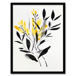 Artery8 Abstract Botanical Yellow Black Leaves Fronds Framed Wall Art - Size: A4 - thumbnail 1