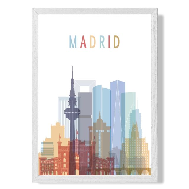 ARTZE Madrid Colourful City Skyline Framed Print SIZE: A3 with White Frame in Pale Blue - Size: A4 - image 1
