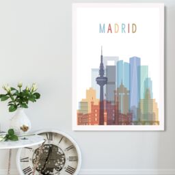 ARTZE Madrid Colourful City Skyline Framed Print SIZE: A3 with White Frame in Pale Blue - Size: A4 - thumbnail 2