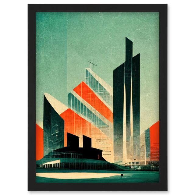 Artery8 Futuristic Abstract Architecture Cityscape Teal & Orange Artwork Framed Wall Art Print A4 in Black - image 1
