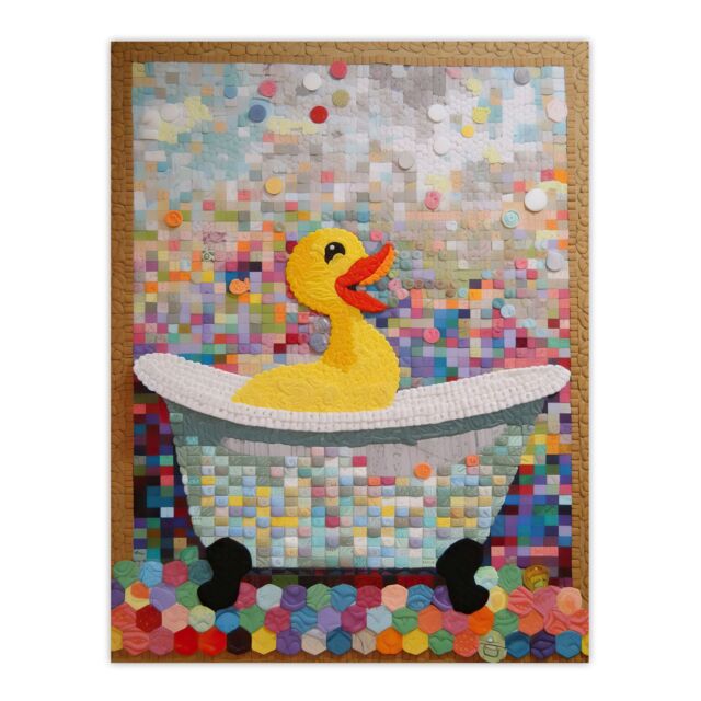 "Artery8 Wall Art Print Bathtime Yellow Duck In Bathtub Colourful Artwork Bath Time Mosaic Bathroom Painting Poster - Size: W18"" x H24""" - image 1