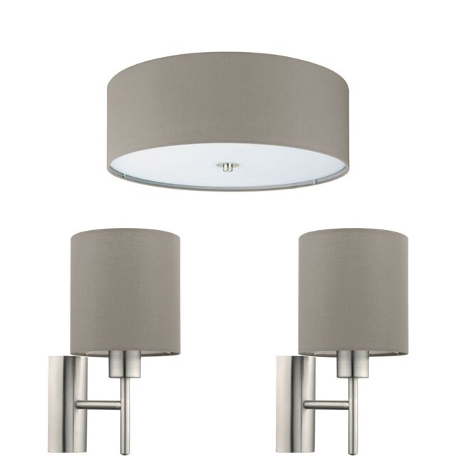 Loops Low Ceiling Light & 2x Matching Wall Lights Taupe Fabric Round Shade Lamp - image 1
