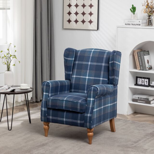 FURNITURE ONE Retro Accent Chair, Soft Padded Fabric Wingback Tartan Armchair in Blue - Size: 1 Pack - image 1
