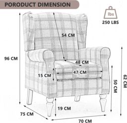 FURNITURE ONE Retro Accent Chair, Soft Padded Fabric Wingback Tartan Armchair in Blue - Size: 1 Pack - thumbnail 6